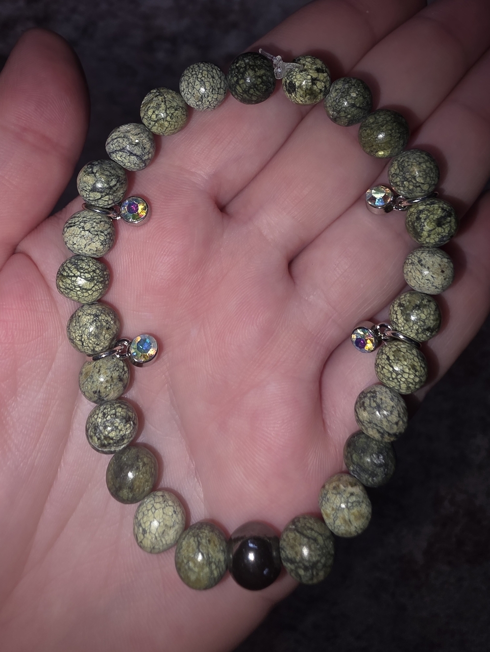Green Jasper And Hematite Beaded Bracelet with Iridescent Charms